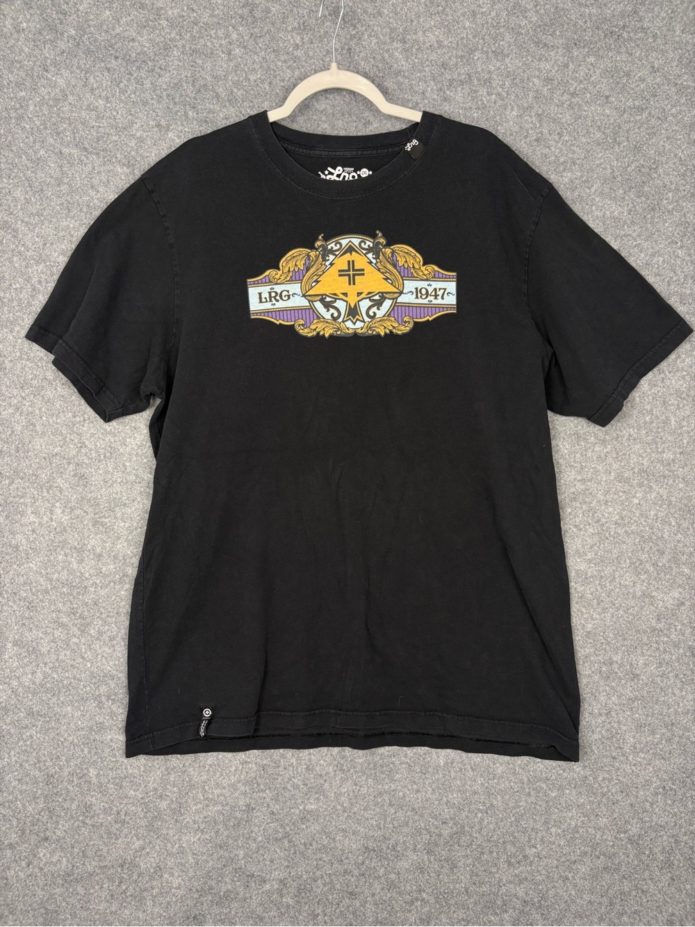 LRG Black Short Sleeve Tee with Gold and Purple Crest